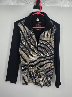 Good Fortune Black & Tan Patterned Asian Print Zip-Front Jacket Medium (8705)